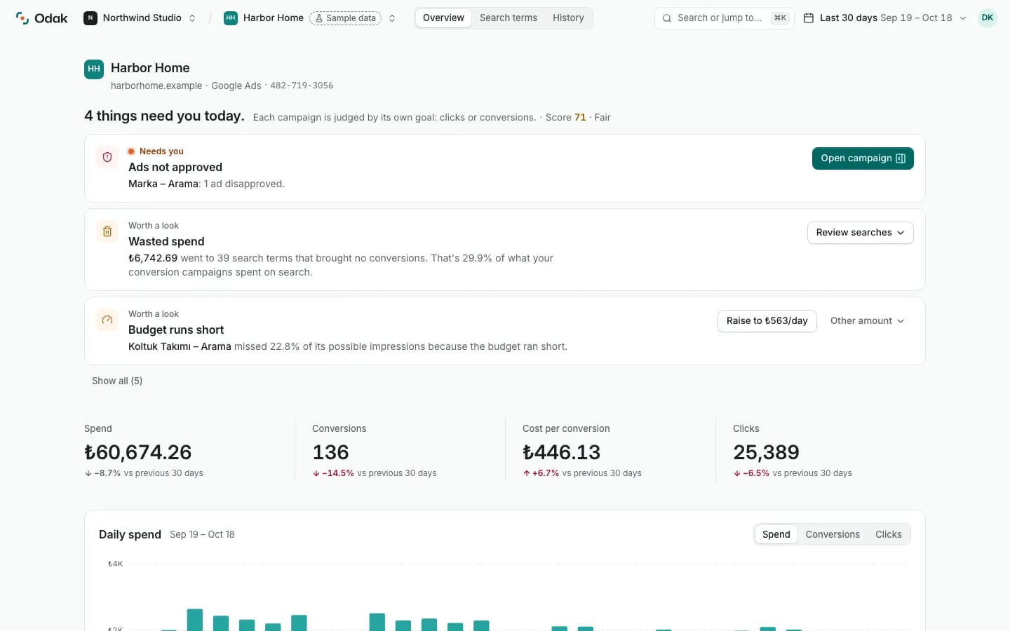 Odak project overview: three recommendations above spend, conversions, cost per conversion and clicks.